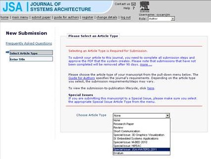 Article Type selection in the
JSA submission system