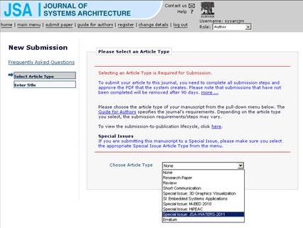 Article Type selection in the JSA submission system